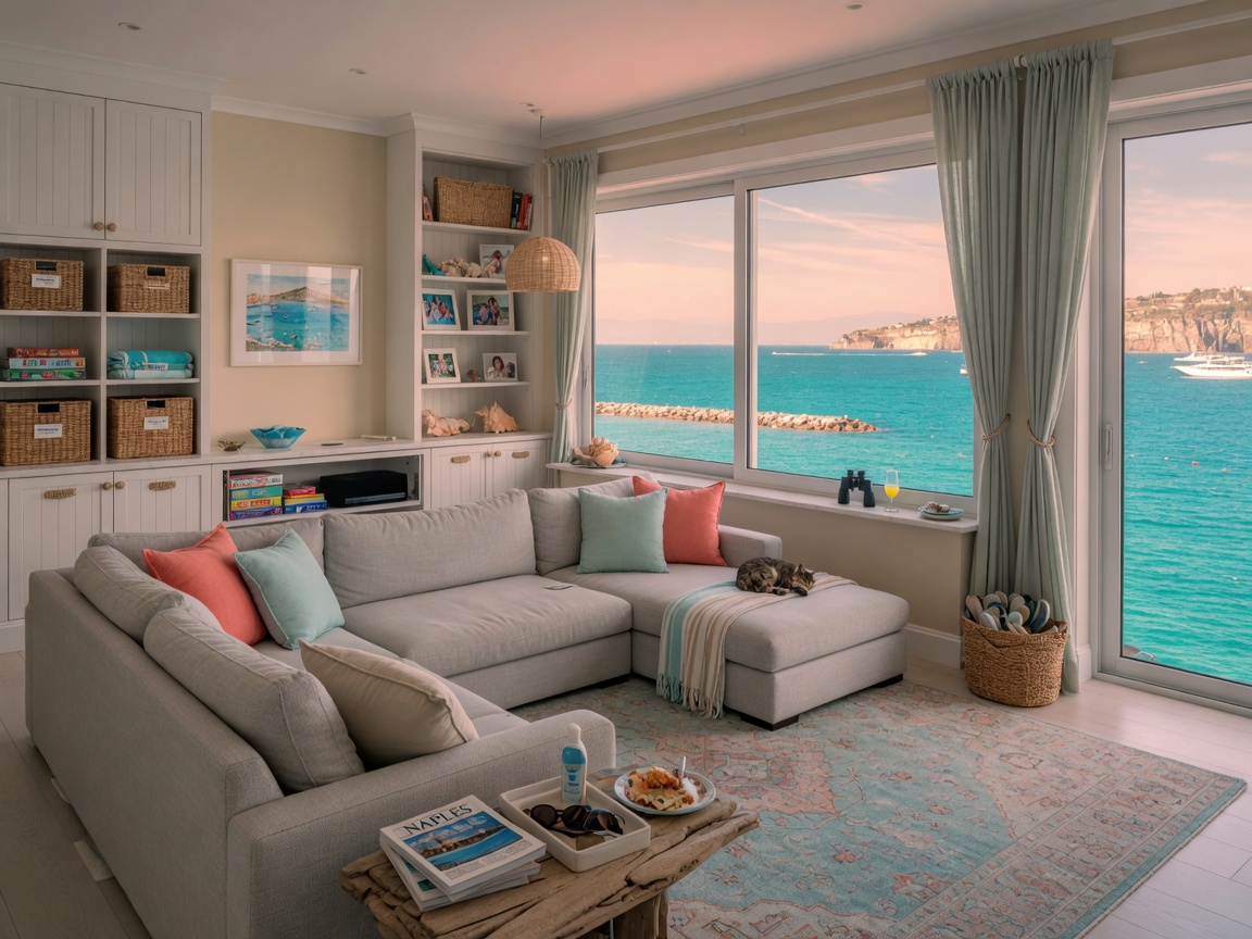 Ultra-realistic 8K photograph of a Naples coastal family room with built-in storage solutions, comfortable sectional sofa in performance fabric, large area rug, and beautiful water views