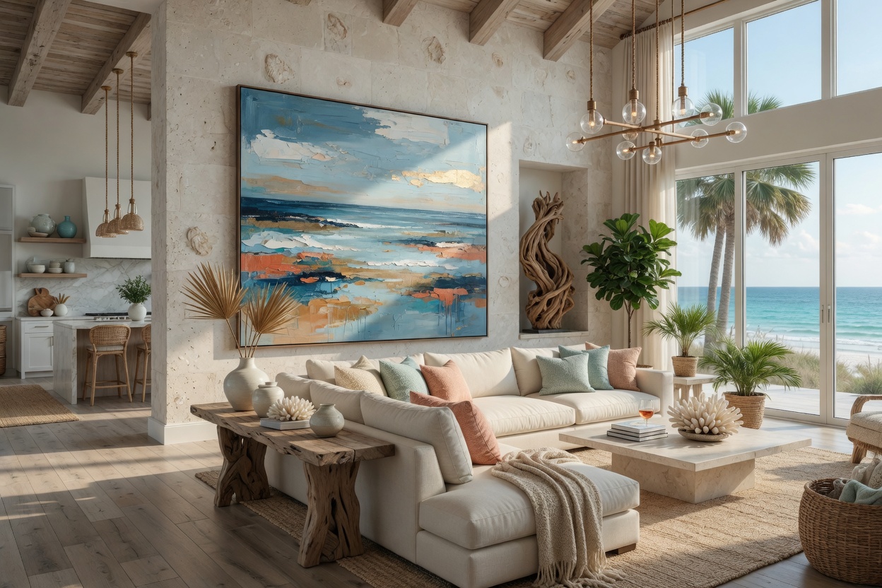 Ultra-realistic 8K photograph of open concept great room in Naples coastal home with high ceilings, large-scale abstract coastal art, comfortable sectional, and natural materials throughout
