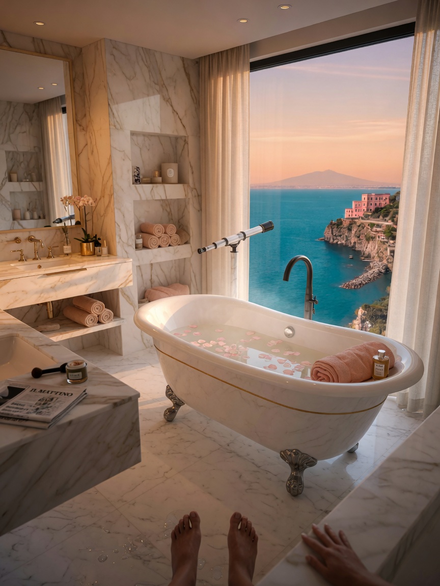 Immersive first person perspective inside a 3D rendered Naples luxury bathroom with freestanding tub, ocean view, marble surfaces, soft lighting, hyperrealistic 8K visualization