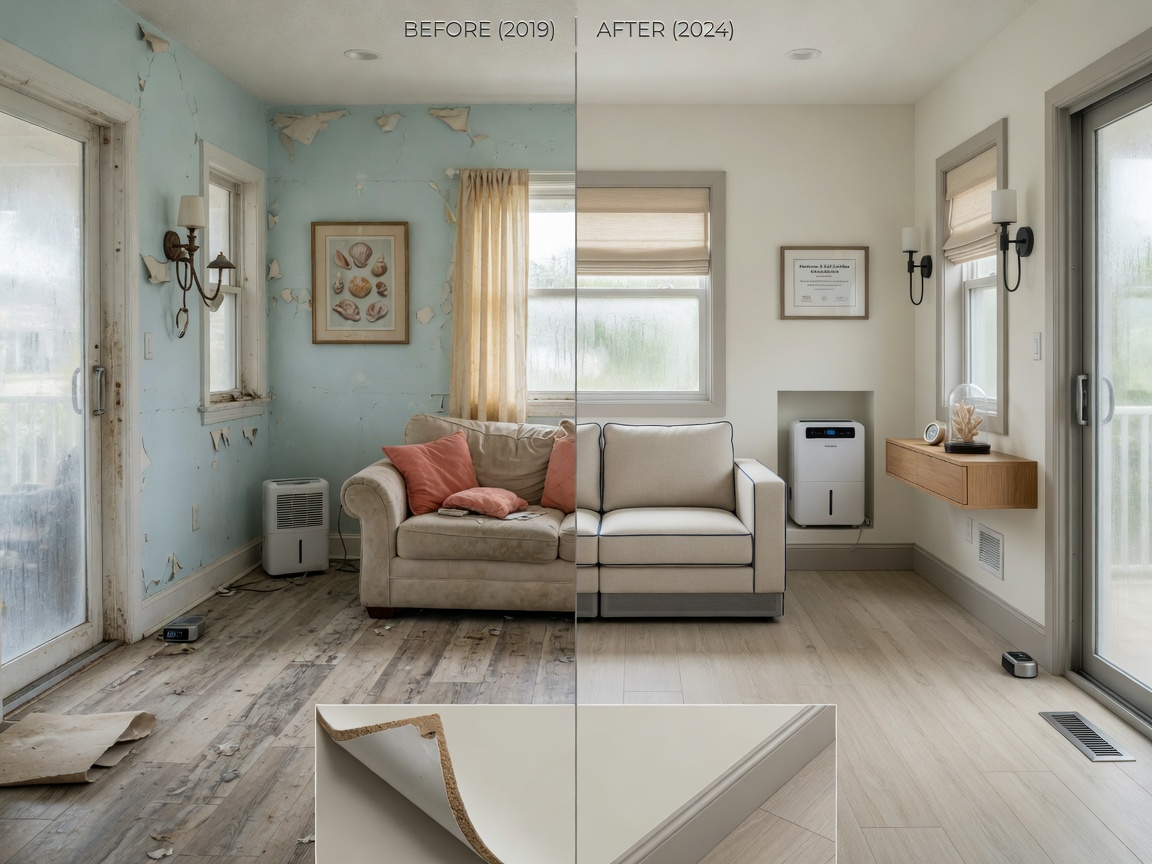 Ultra-realistic 8K image showing before and after coastal interior renovation in Naples Florida home, displaying practical design improvements for humidity and salt air resistance
