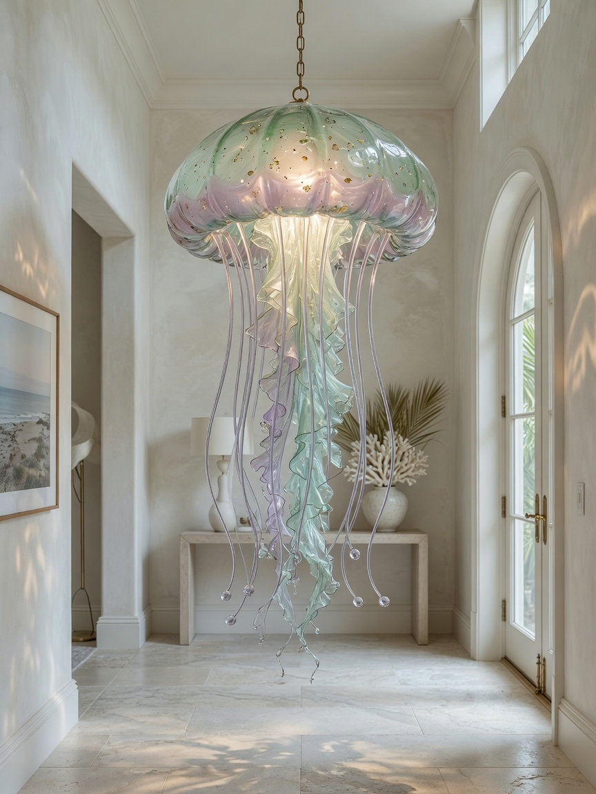 Ultra-realistic 8K rendering of statement lighting fixture made from hand-blown glass inspired by jellyfish hanging in elegant coastal foyer with limestone floors and neutral walls