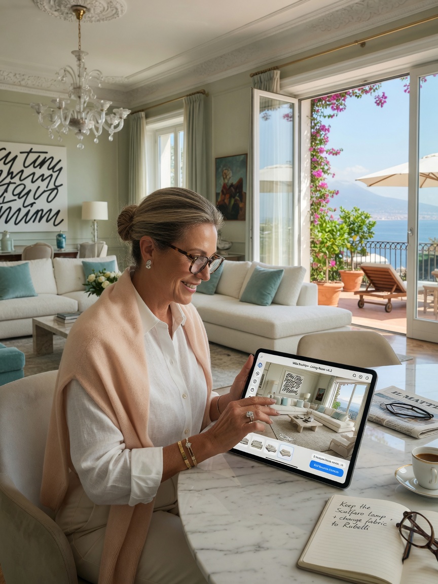 Affluent Naples client reviewing tablet with interactive 3D model of their living room, outdoor terrace visible, satisfied expression, bright natural lighting, ultra realistic 8K