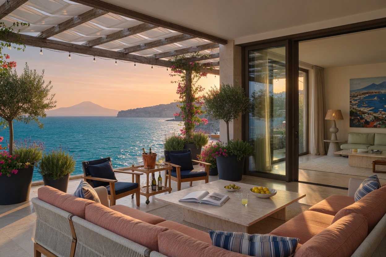 Ultra-realistic 8K photograph of a luxurious yet practical coastal outdoor living space in Naples connected to interior design, featuring weather-resistant furniture and seamless transition to indoor areas