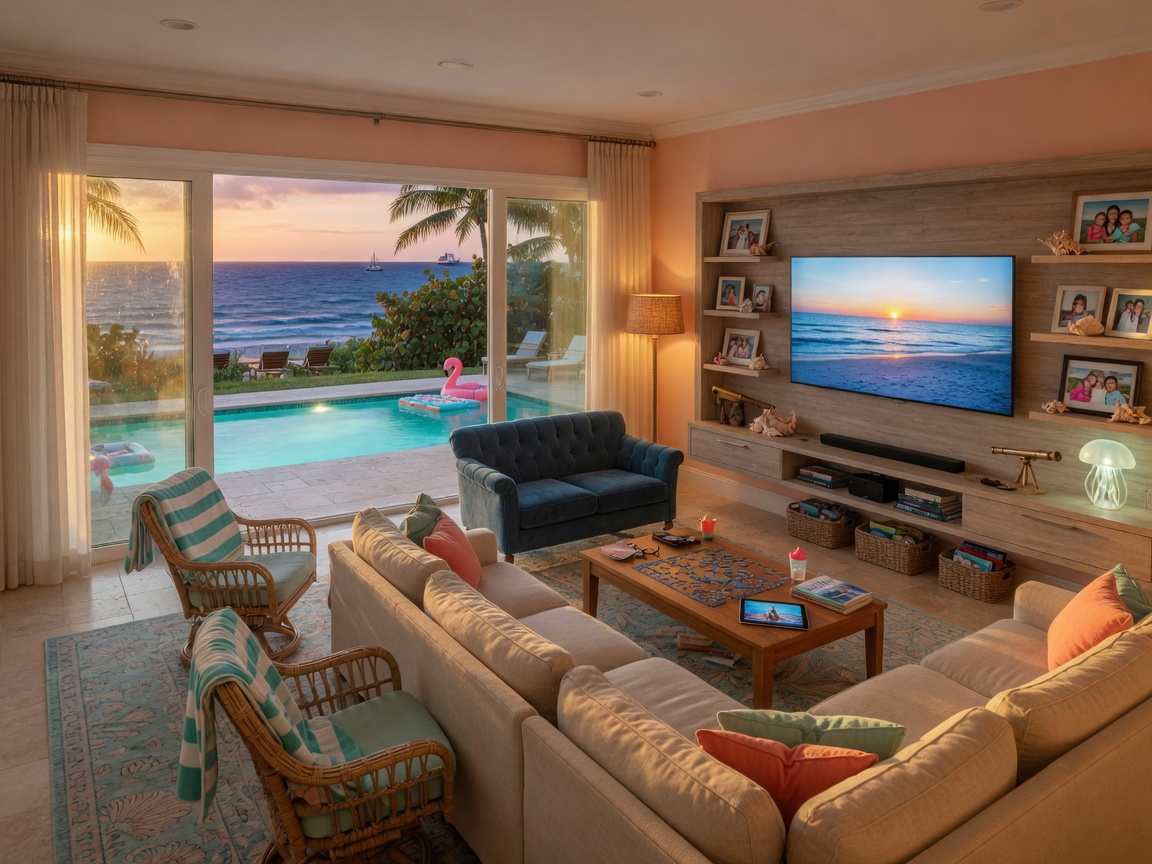 Ultra-realistic 8K image of multi-generational family room in Naples beach home featuring flexible seating arrangements, media wall, and large glass doors leading to swimming pool and Gulf beyond