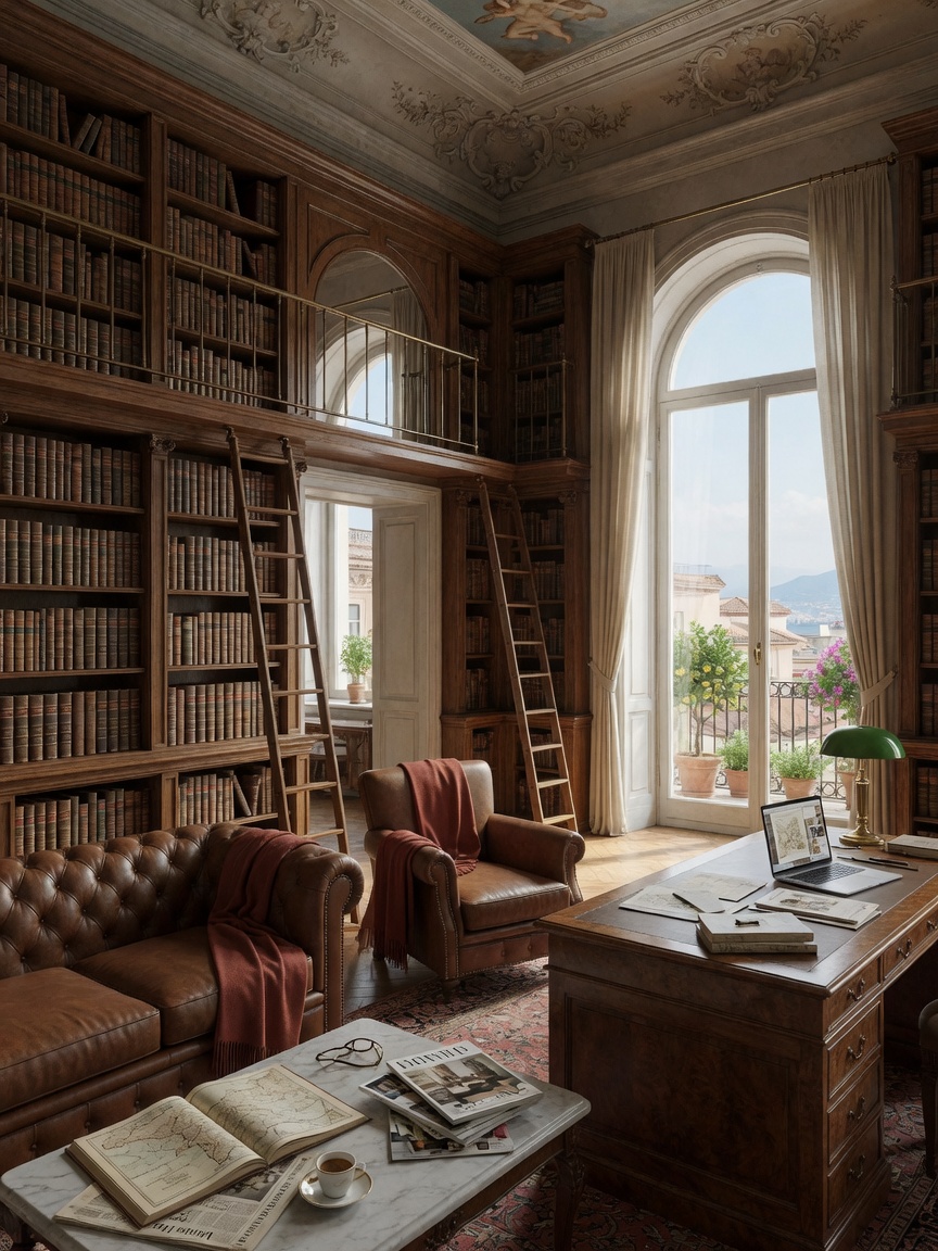 3D rendering of sophisticated Naples library and office with floor to ceiling bookshelves, rich wood tones, comfortable seating, natural light from large windows, 8K museum quality