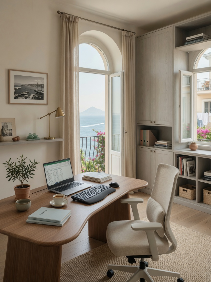 Ultra-realistic 8K image of a calm coastal home office in Naples with ergonomic furniture, natural light, built-in storage, and sophisticated neutral color scheme suitable for remote work