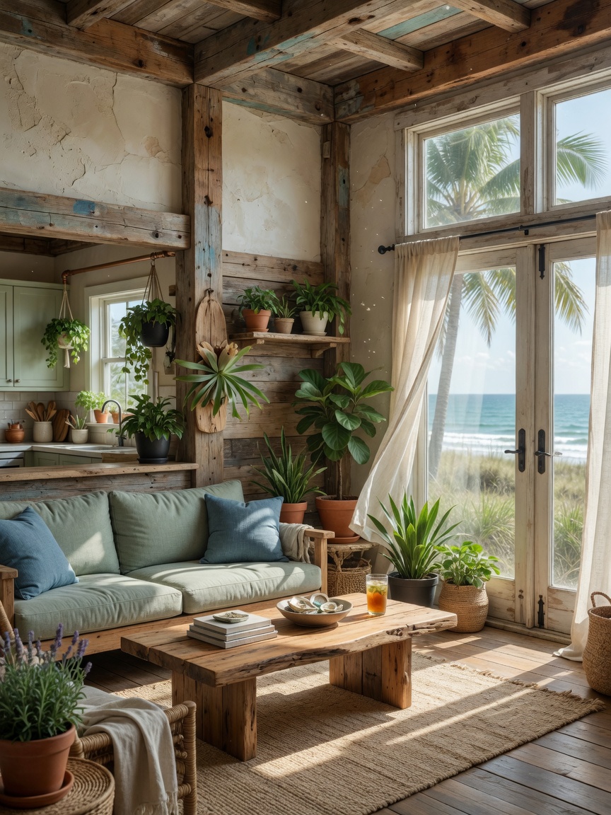Ultra-realistic 8K photograph of sustainable coastal interior featuring reclaimed cypress wood beams, organic textures, indoor plants, and natural light flooding through oversized windows