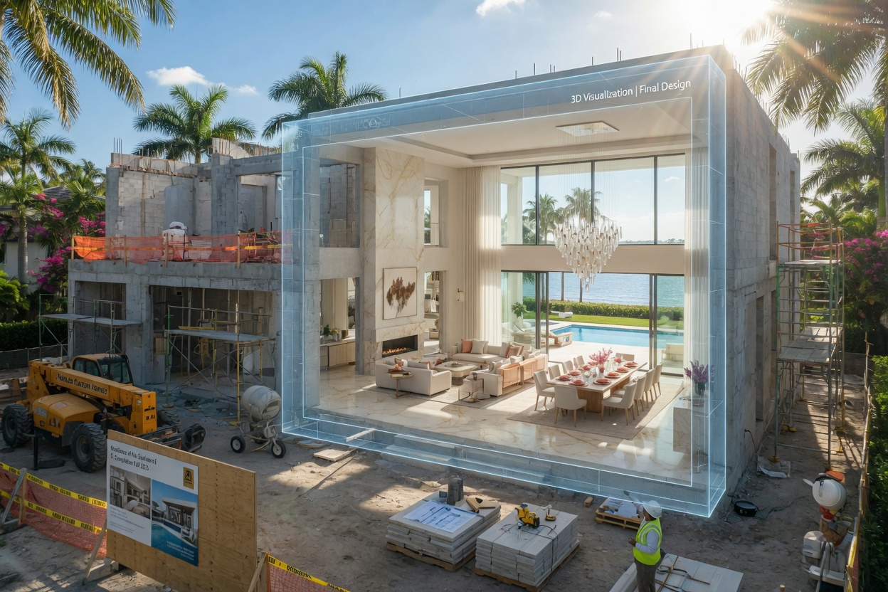 Construction site of luxury Naples home with overlaid transparent 3D rendering showing final interior design, illustrating visualization to reality, bright Florida sunlight, 8K detail