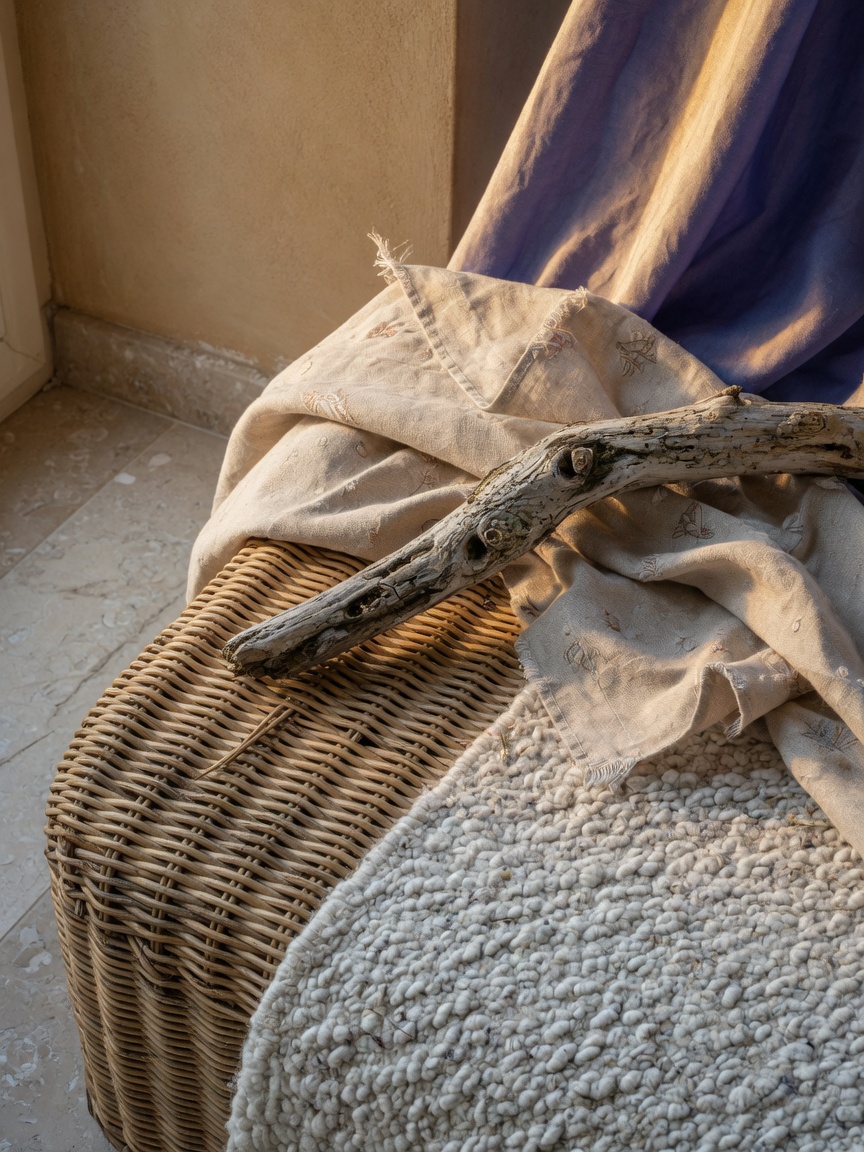 Ultra-realistic 8K close-up of natural coastal textures including woven rattan, linen performance fabric, driftwood elements, and soft wool area rug in a Naples interior setting