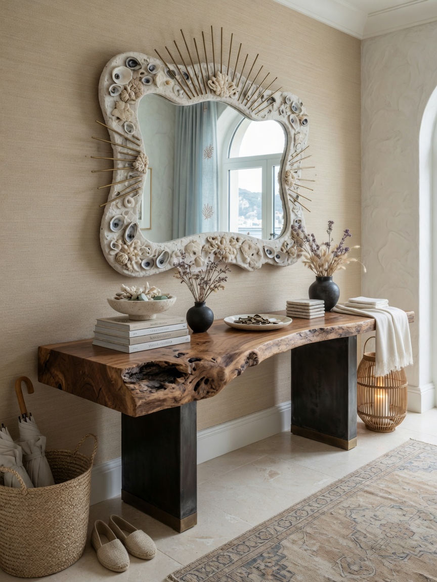 Ultra-realistic 8K image of sophisticated coastal entryway in Naples luxury home with custom console table made from live-edge wood, sculptural mirror, and curated accessories in neutral palette