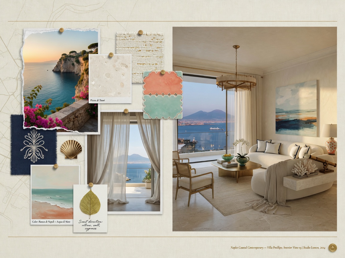 Elegant mood board combined with corresponding 3D rendered interior view for a Naples coastal contemporary project, professional presentation, clean aesthetic, ultra realistic 8K