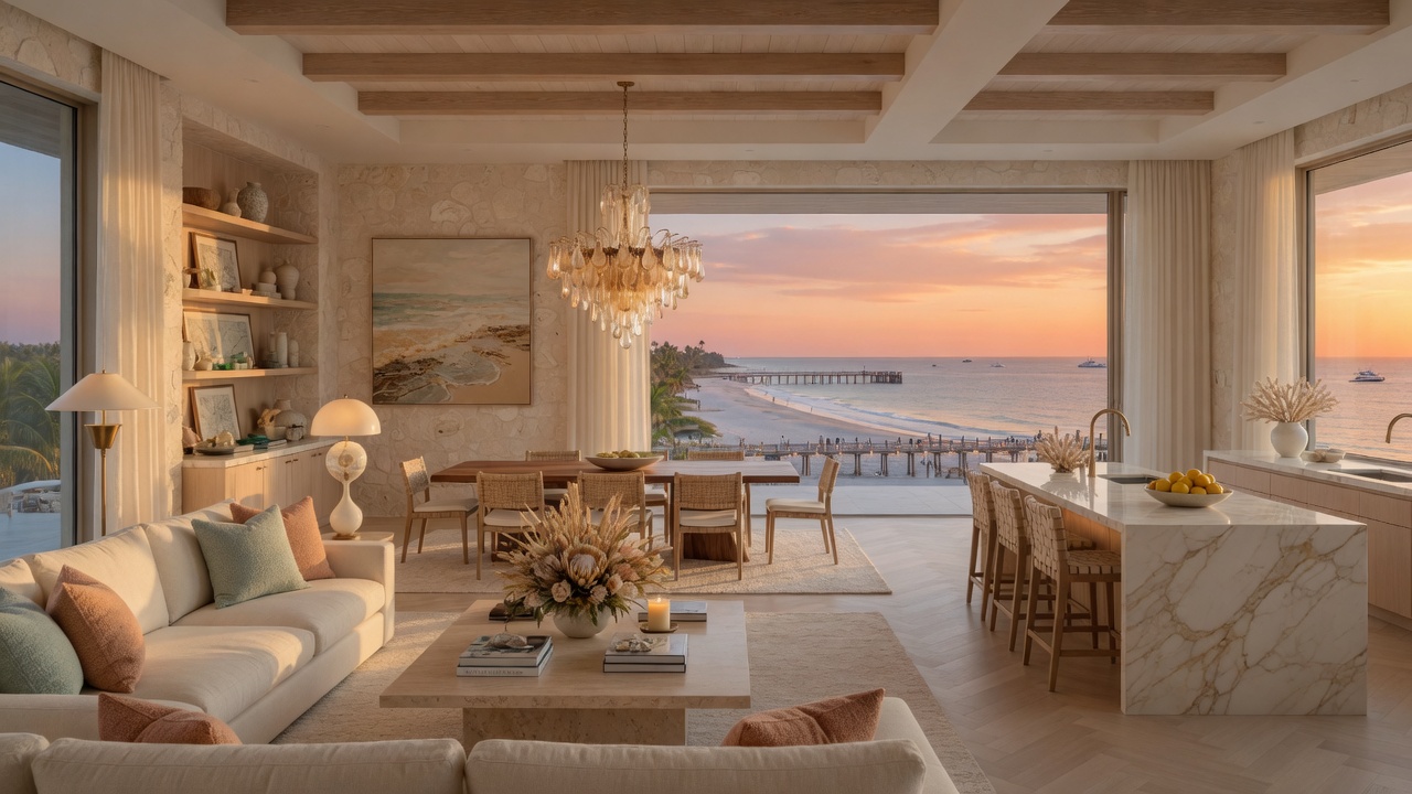 Ultra-realistic 8K wide-angle photograph of complete luxury coastal home interior showcasing open floor plan, consistent design language, natural light, and beautiful views of the Naples coastline at golden hour