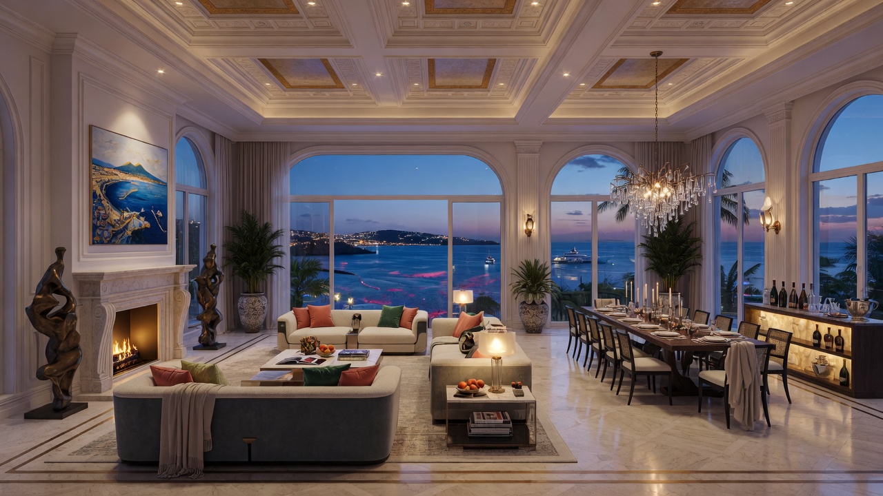 Panoramic 3D visualization of an expansive Naples great room with 20-foot ceilings, dramatic lighting, ocean views, luxury furnishings, architectural precision, 8K hyperrealistic rendering