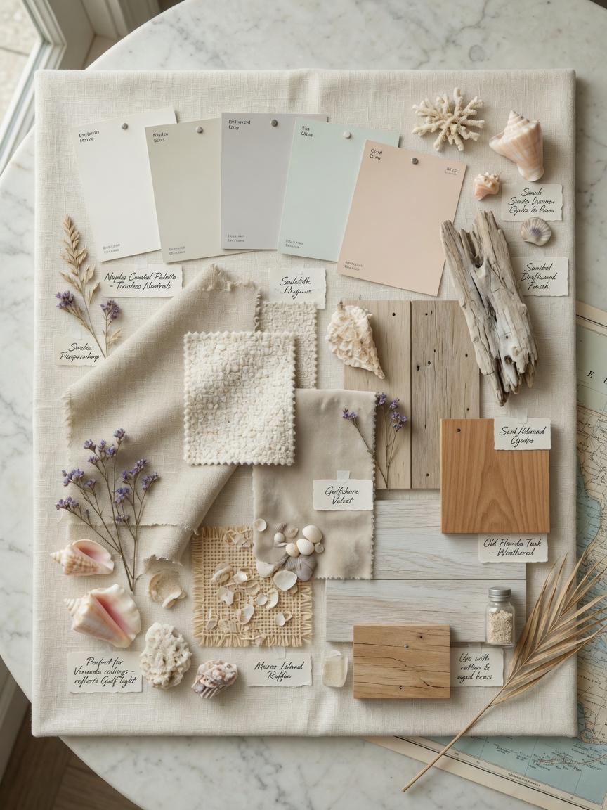 Ultra-realistic 8K image of a timeless coastal color palette mood board featuring various neutral paint swatches, fabric samples, wood finishes, and natural elements specifically chosen for Naples Florida homes