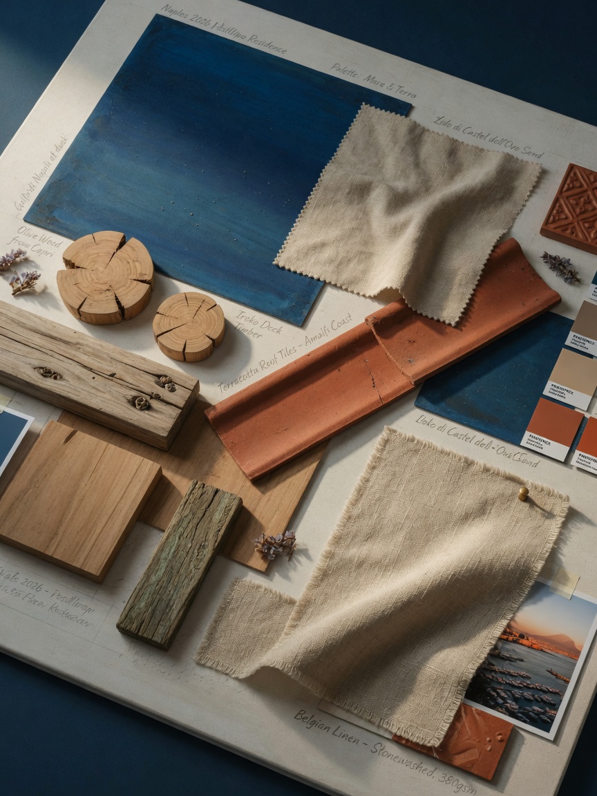 Close-up ultra-realistic 8K image of sophisticated coastal color palette mood board with deep ocean blue, soft sand beige, terracotta accents, natural wood samples and linen fabric swatches for Naples home design 2026