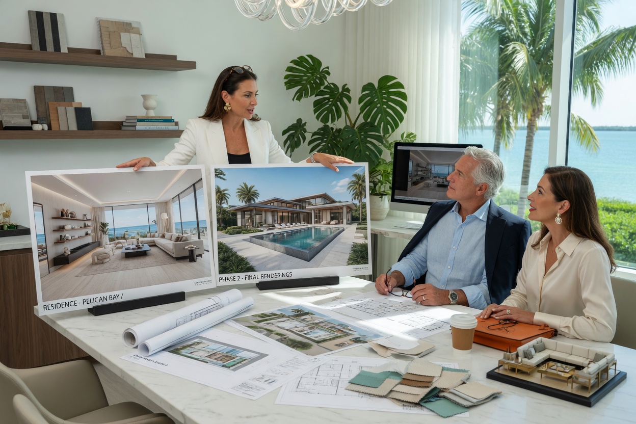 Professional interior designer presenting large format 3D renderings to an affluent Naples couple in a modern studio office, natural window light, architectural plans on table, ultra-realistic 8K photography