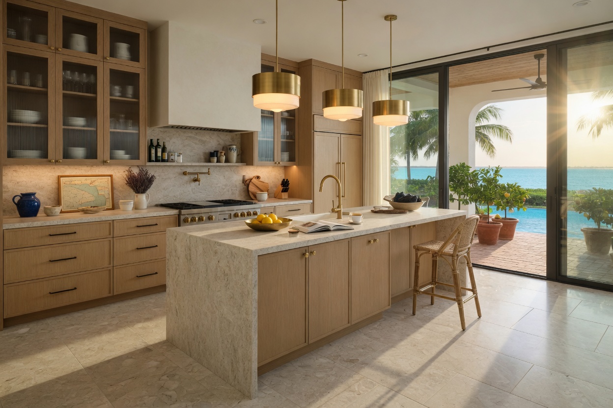 Ultra-realistic 8K rendering of modern coastal kitchen in Naples home with white oak cabinetry, large format limestone flooring flowing to outdoor lanai, brass fixtures, and pendant lighting, 2026 interior trend