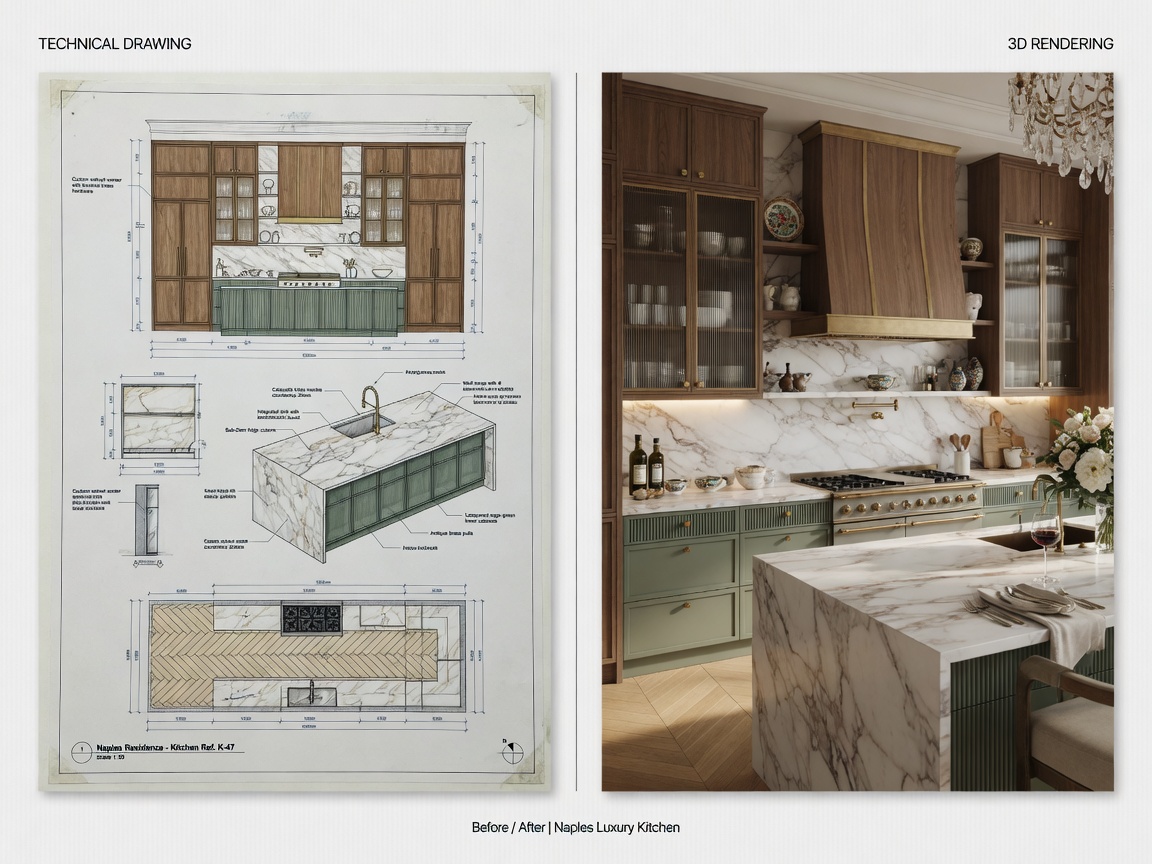 Before and after split screen showing 2D technical drawing versus photorealistic 3D rendering of the same Naples luxury kitchen, side-by-side comparison, professional lighting, 8K resolution