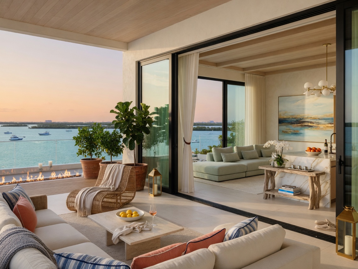 Ultra-realistic 8K image of a luxury Naples waterfront home exterior transitioning to interior through open sliding doors, showing seamless indoor-outdoor coastal living with comfortable patio furniture and interior design continuity