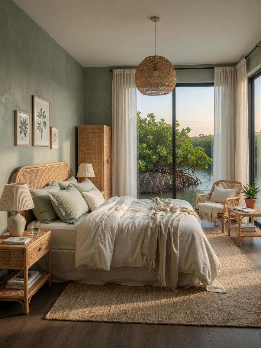 Ultra-realistic 8K photograph of elegant Naples master bedroom with sage green accent wall, organic linen bedding, rattan furniture, floor-to-ceiling windows overlooking mangrove preserve, soft morning light