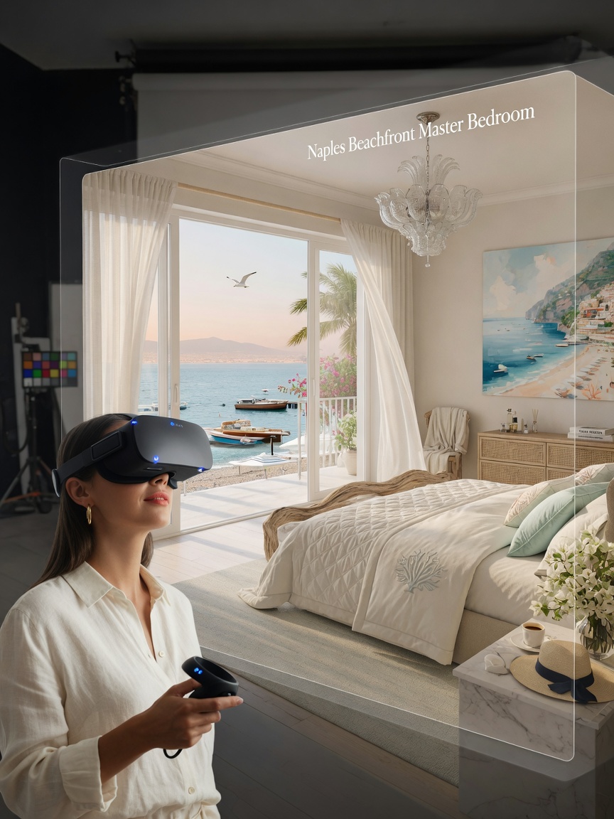 Photorealistic 3D virtual reality walkthrough experience of a Naples beachfront master bedroom, client wearing VR headset, elegant coastal interior, soft morning light, ultra detailed 8K image