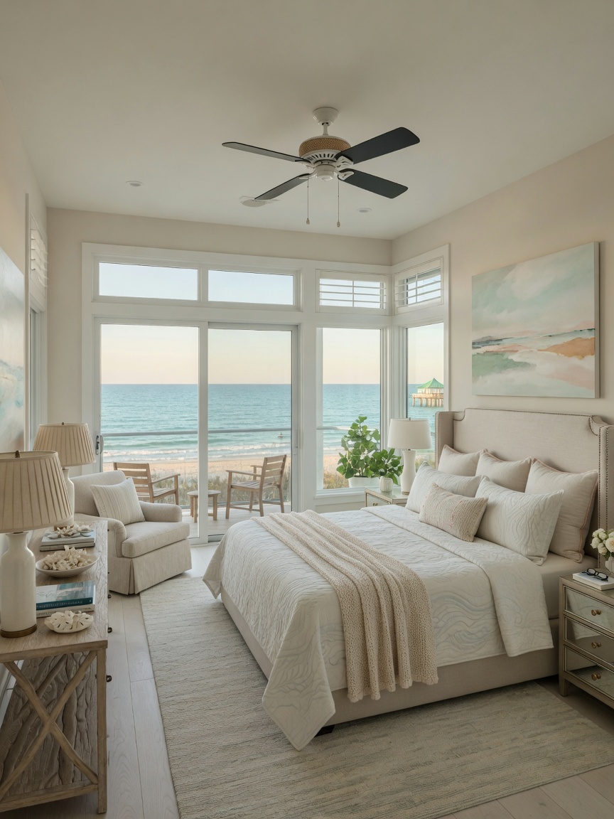 Ultra-realistic 8K photograph of a Naples Florida master bedroom with soft neutral coastal color scheme, performance fabrics, ceiling fan, large windows with hurricane impact glass, and calming ocean views