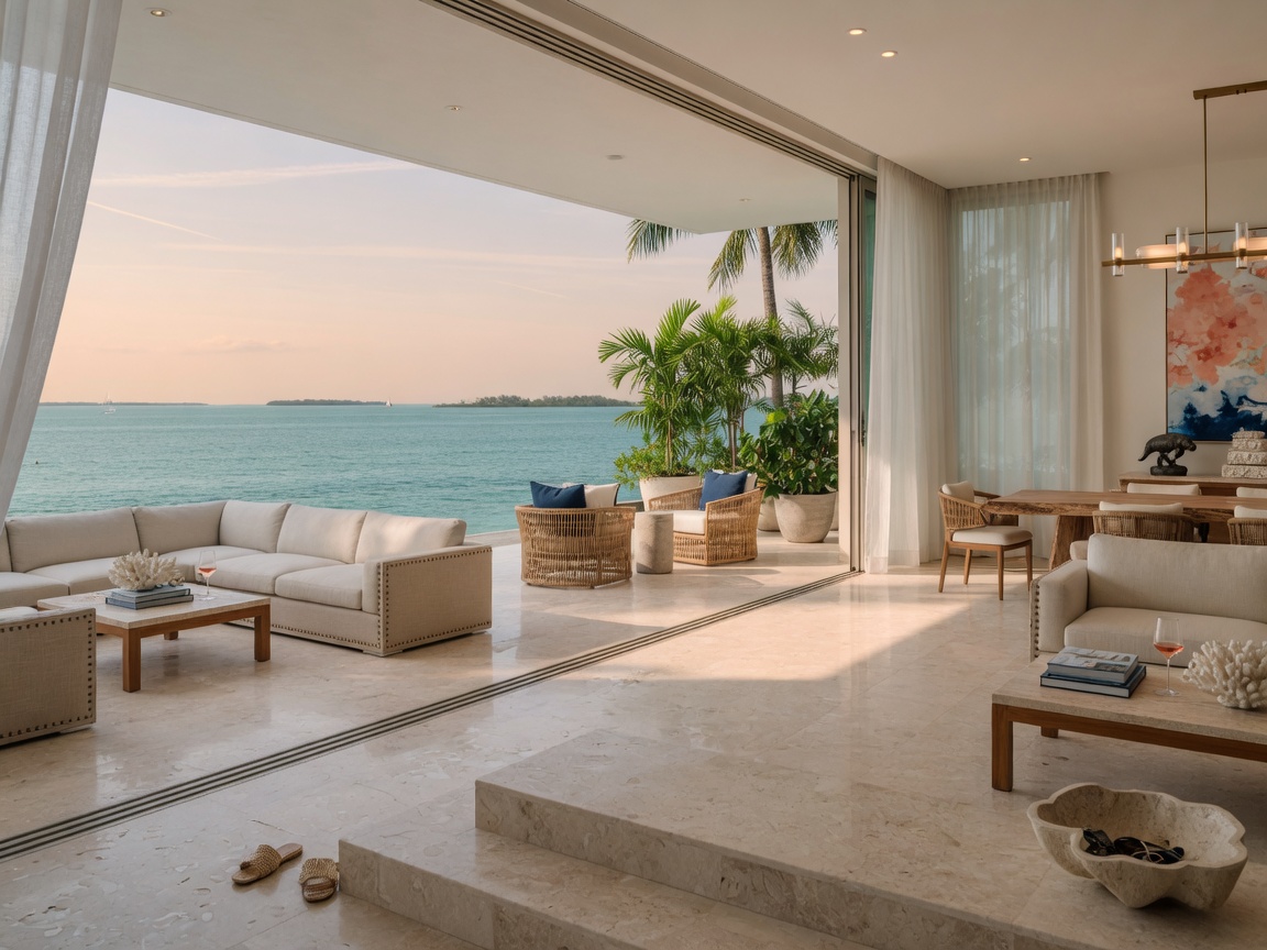 Ultra-realistic 8K image of seamless indoor-outdoor living space in luxury Naples coastal home featuring disappearing glass walls, matching interior and exterior furniture, travertine flooring, and Gulf view