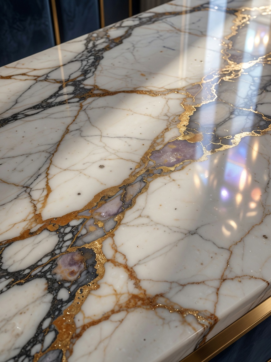 Close-up of luxurious Italian marble texture with realistic veining and subtle reflections, part of 3D interior design rendering for Naples luxury home, macro detail, 8K resolution