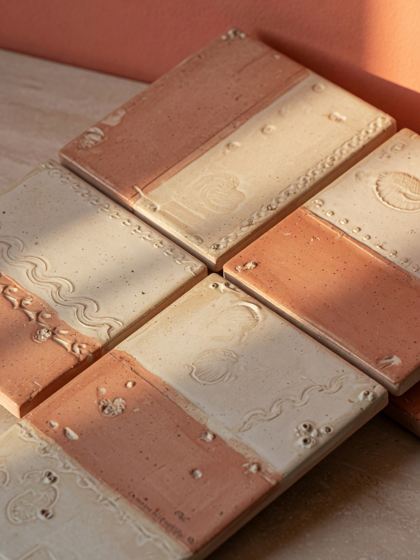 Ultra-realistic 8K close-up of artisanal handcrafted ceramic tiles with subtle coastal texture patterns in soft terracotta and cream tones, luxury material for 2026 Naples interior design