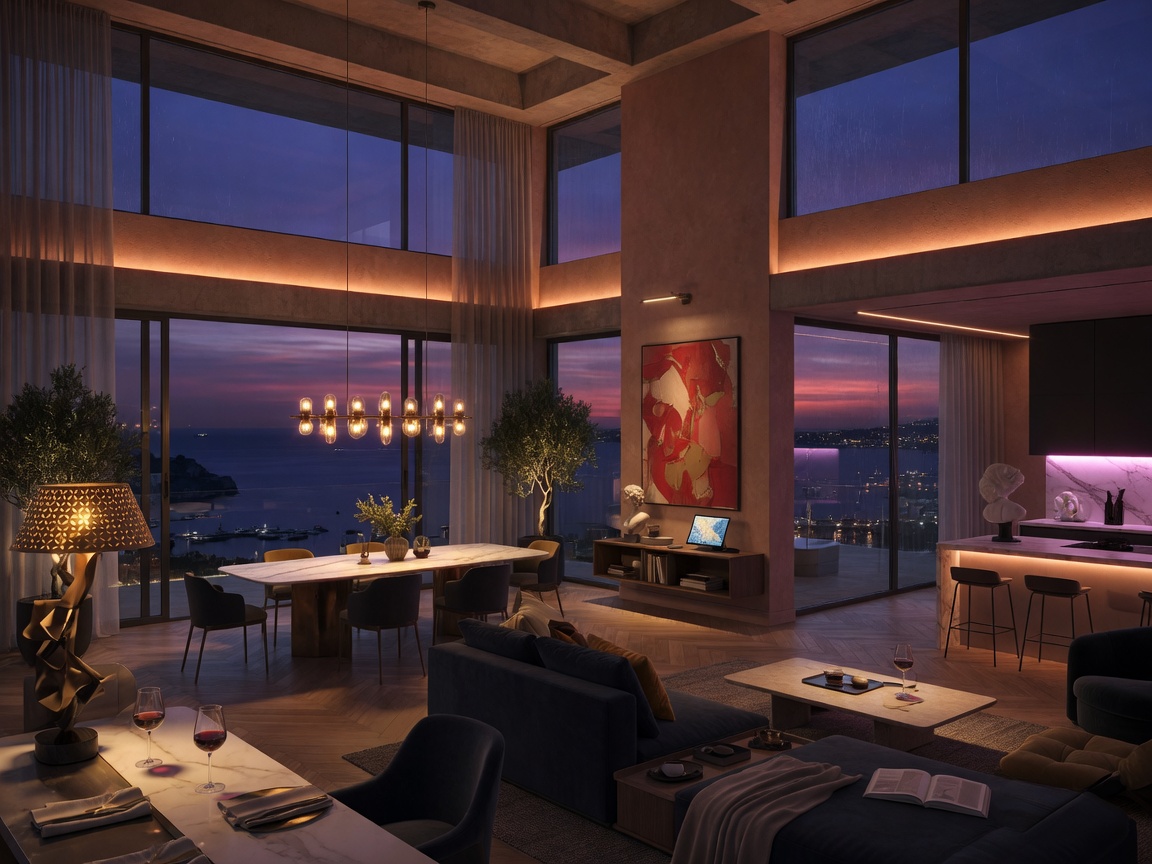 Dramatic evening scene of a contemporary Naples great room with multiple lighting scenarios displayed in 3D rendering, warm ambient lighting, ocean view through windows, hyperrealistic 8K visualization