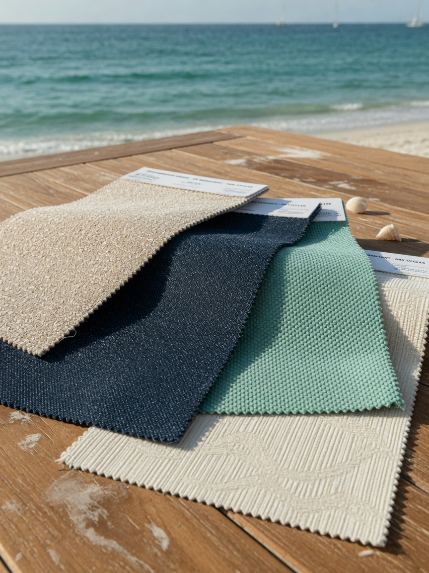 Ultra-realistic 8K close-up of performance upholstery fabric swatches in coastal colors including soft beige, navy, seafoam green, and cream, arranged on a teak table with ocean background