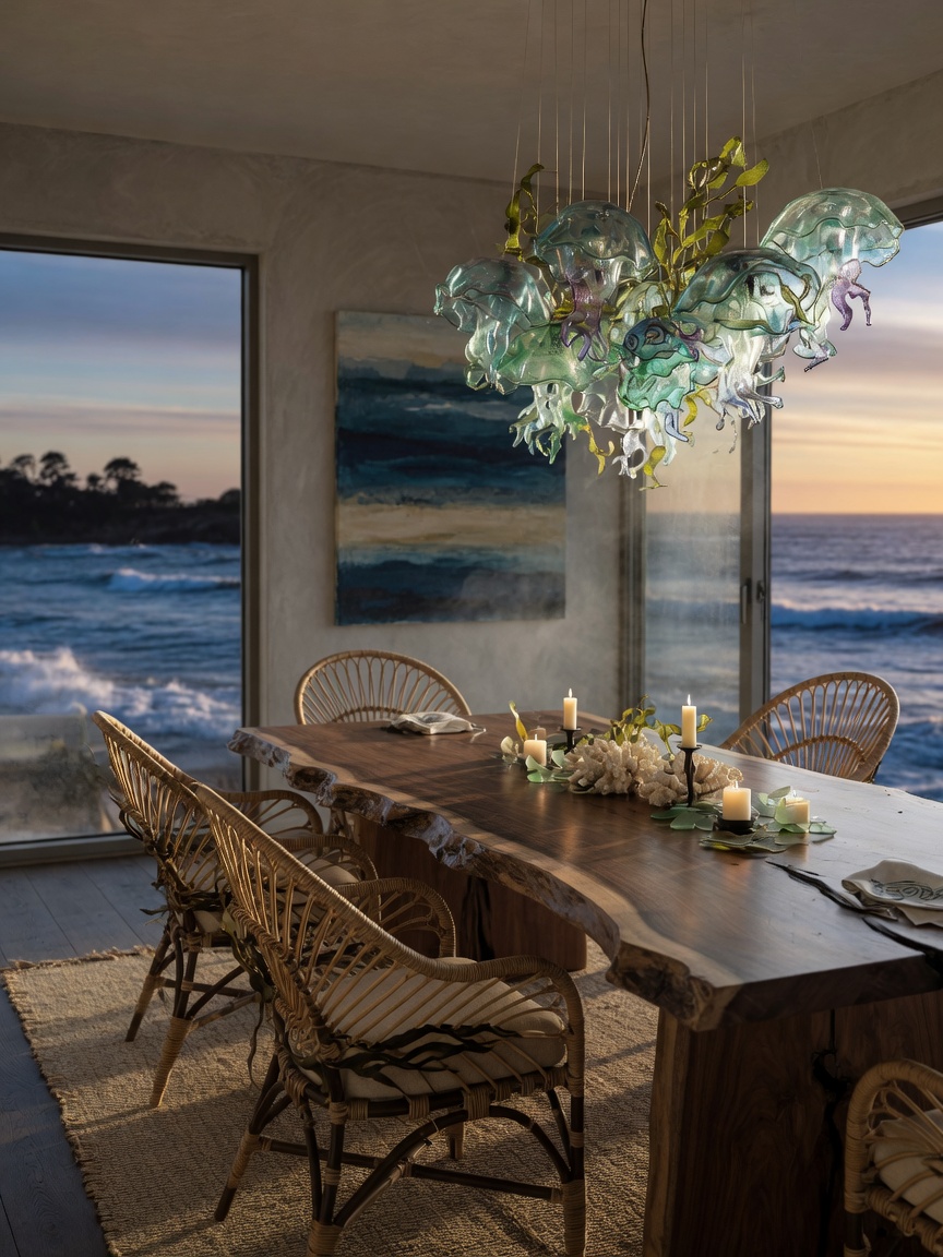 Ultra-realistic 8K photograph of sophisticated coastal dining room with live-edge walnut table, sculptural rattan dining chairs, statement glass chandelier resembling sea forms, and ocean view