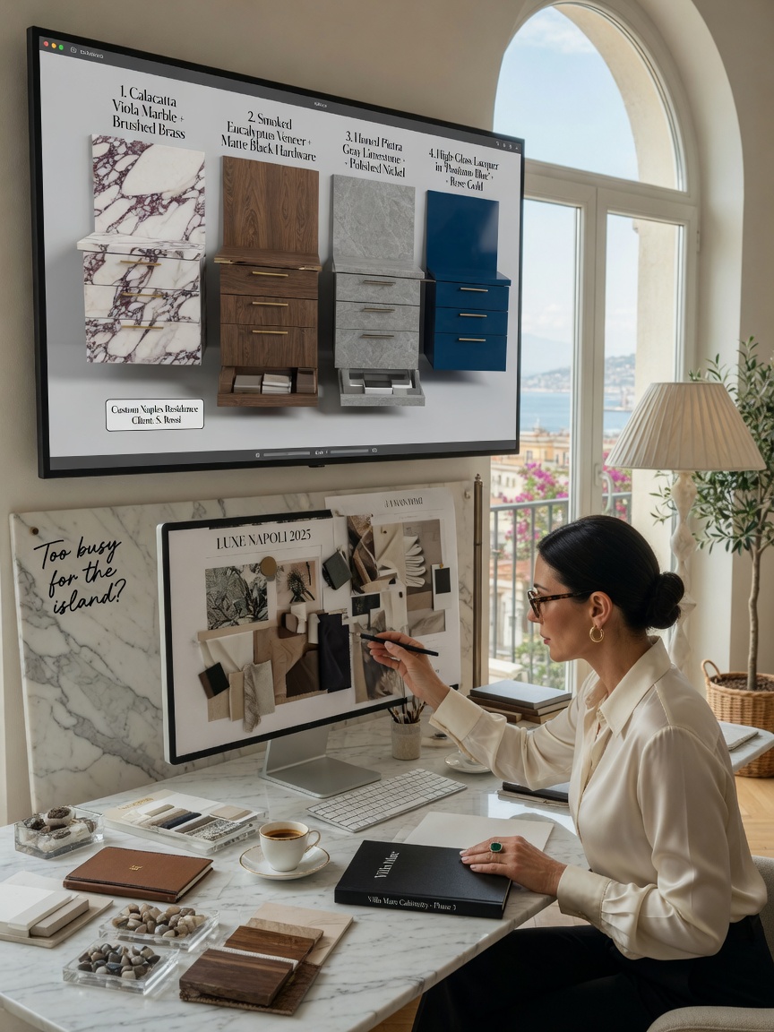 Luxury Naples interior designer reviewing 3D model on large monitor showing different material options for custom cabinetry, professional workspace, natural light, ultra realistic 8K image