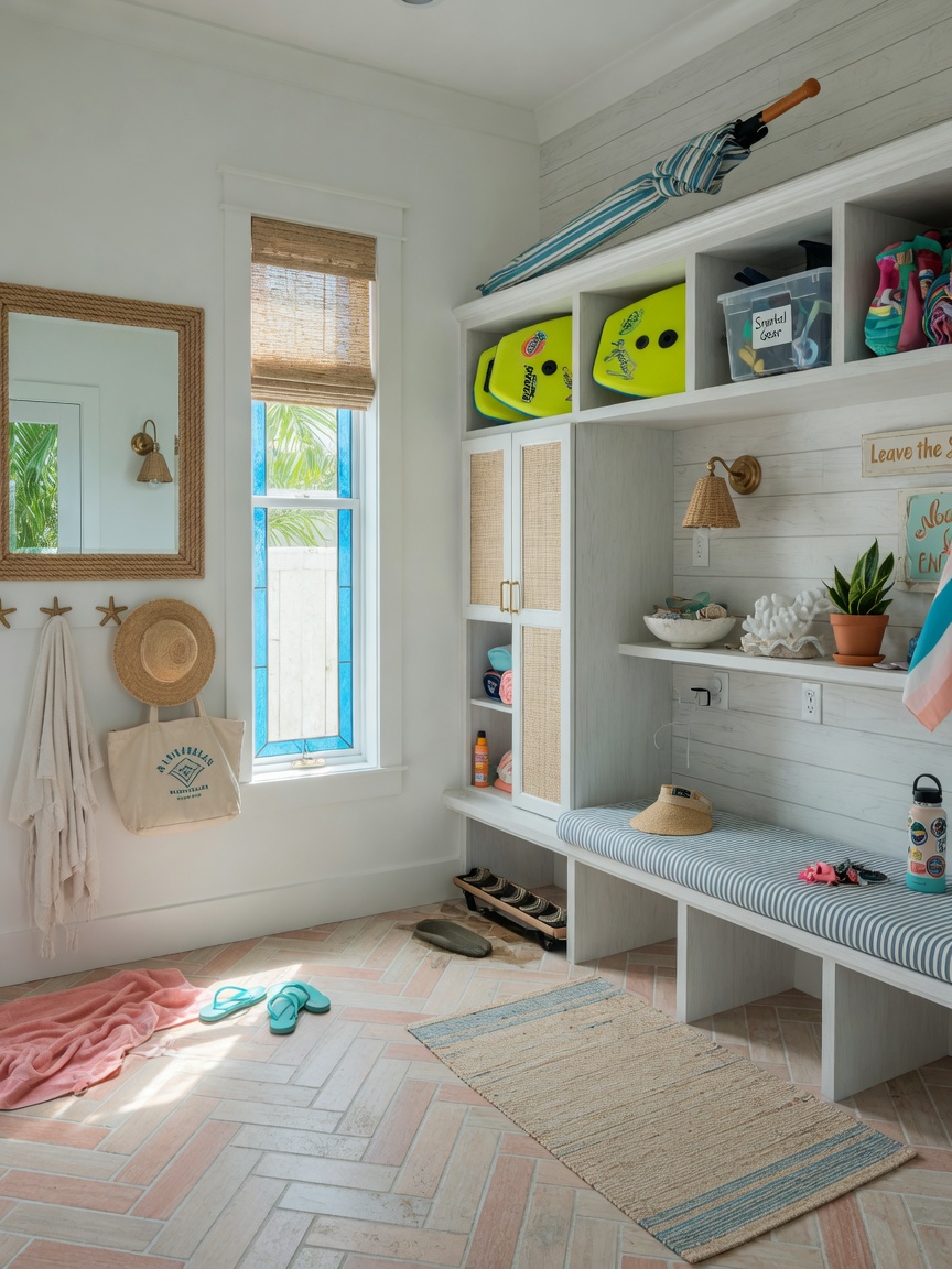 Ultra-realistic 8K photograph of a practical coastal entryway mudroom in a Naples Florida home featuring built-in storage for beach gear, durable tile flooring, and elegant yet functional design
