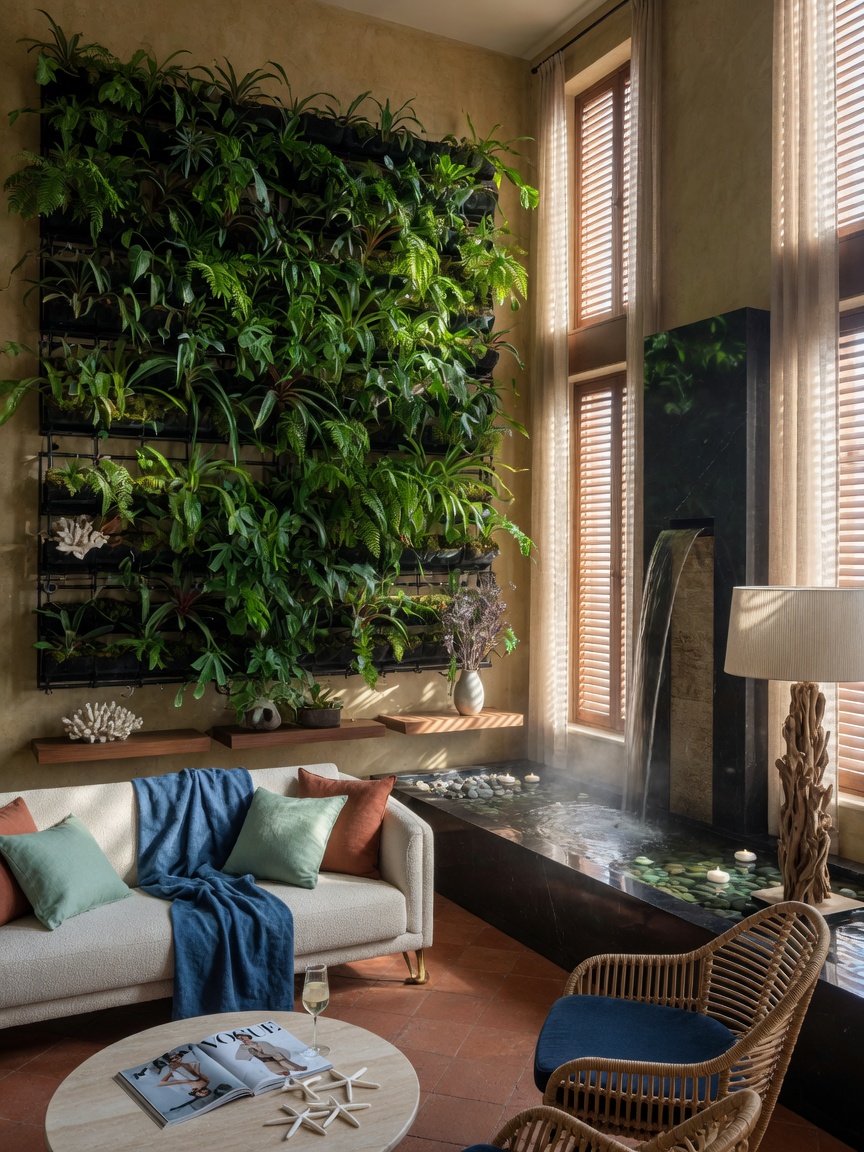 Ultra-realistic 8K image of biophilic design element in Naples home featuring living green wall, indoor water feature, natural light, and modern coastal furniture arrangement