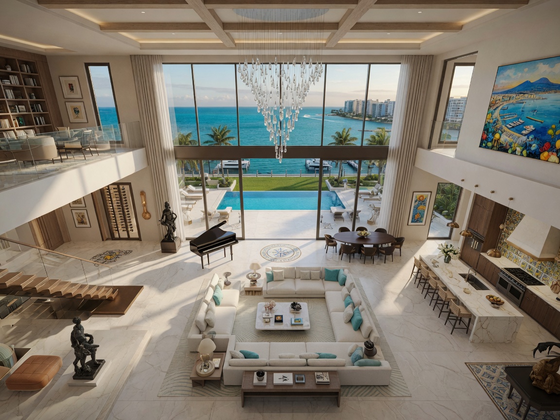 Aerial perspective 3D architectural rendering of a complete Naples waterfront estate interior layout, showing open concept design with ocean views, museum quality visualization, 8K detail