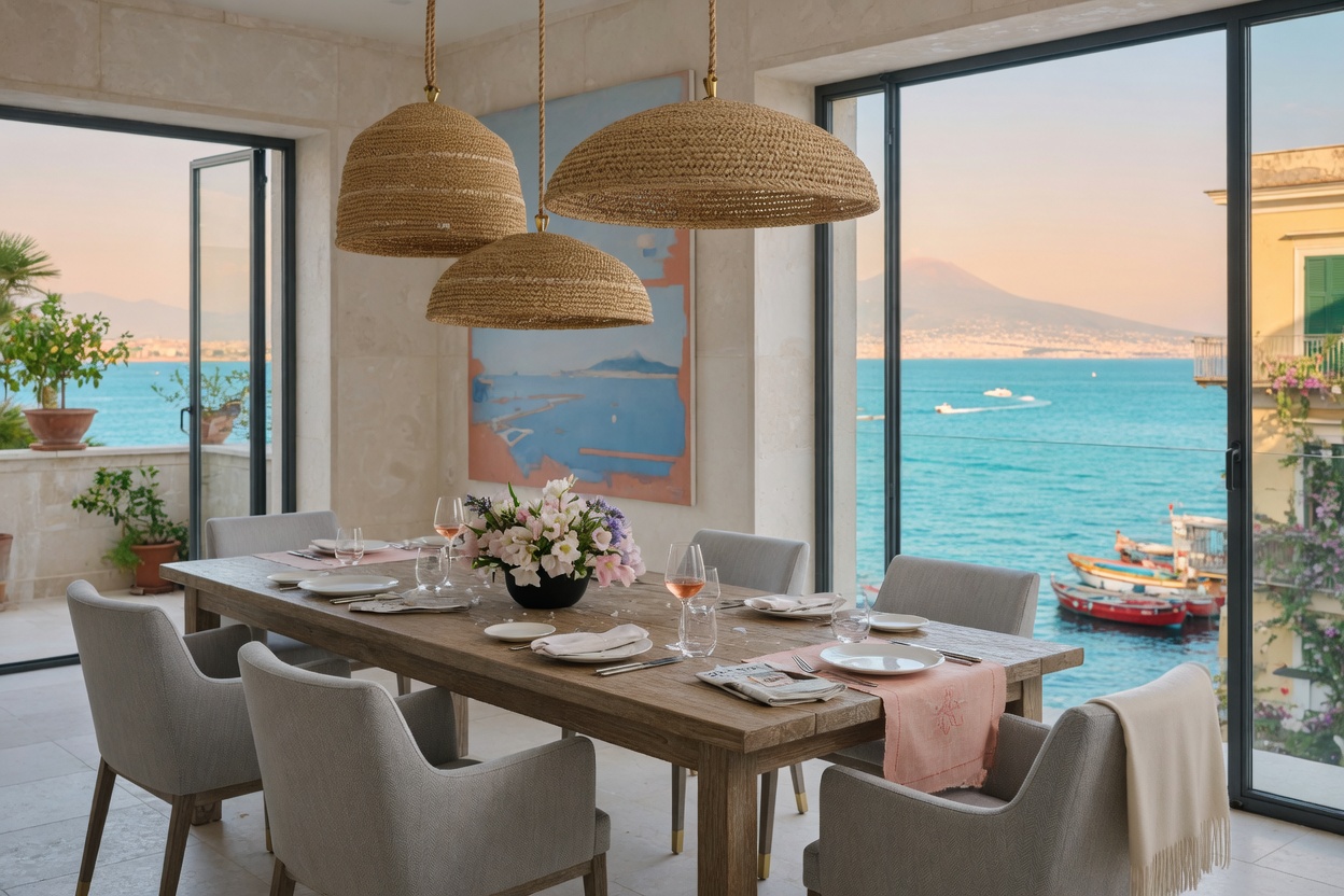 Ultra-realistic 8K image of elegant coastal dining area in Naples with teak dining table, performance fabric dining chairs, natural woven light fixtures, and large windows overlooking the water