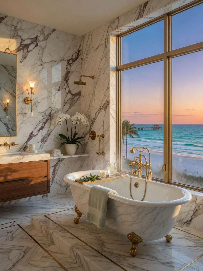 Ultra-realistic 8K rendering of luxury coastal bathroom in Naples residence with freestanding soaking tub, marble walls, brass fixtures, large window overlooking the beach, serene spa atmosphere