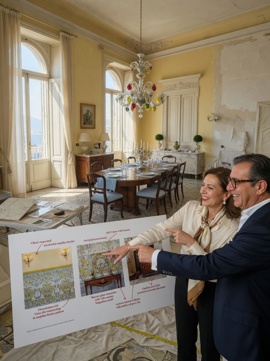 Client pointing at specific details on a large photorealistic 3D rendering of their future Naples dining room, satisfied expressions, elegant setting, natural window light, 8K ultra realistic
