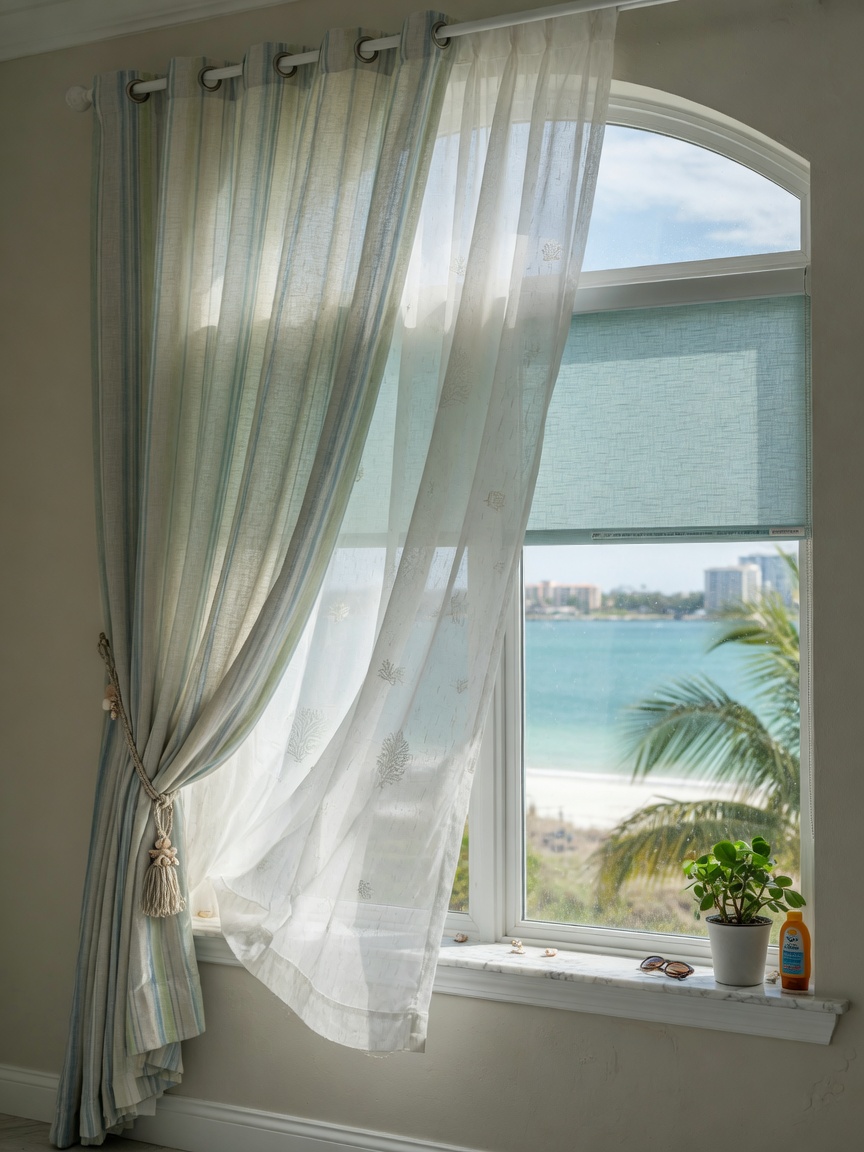 Ultra-realistic 8K photograph showing layered coastal window treatments in a Naples home using performance fabrics, allowing soft natural light while protecting against UV rays and salt air