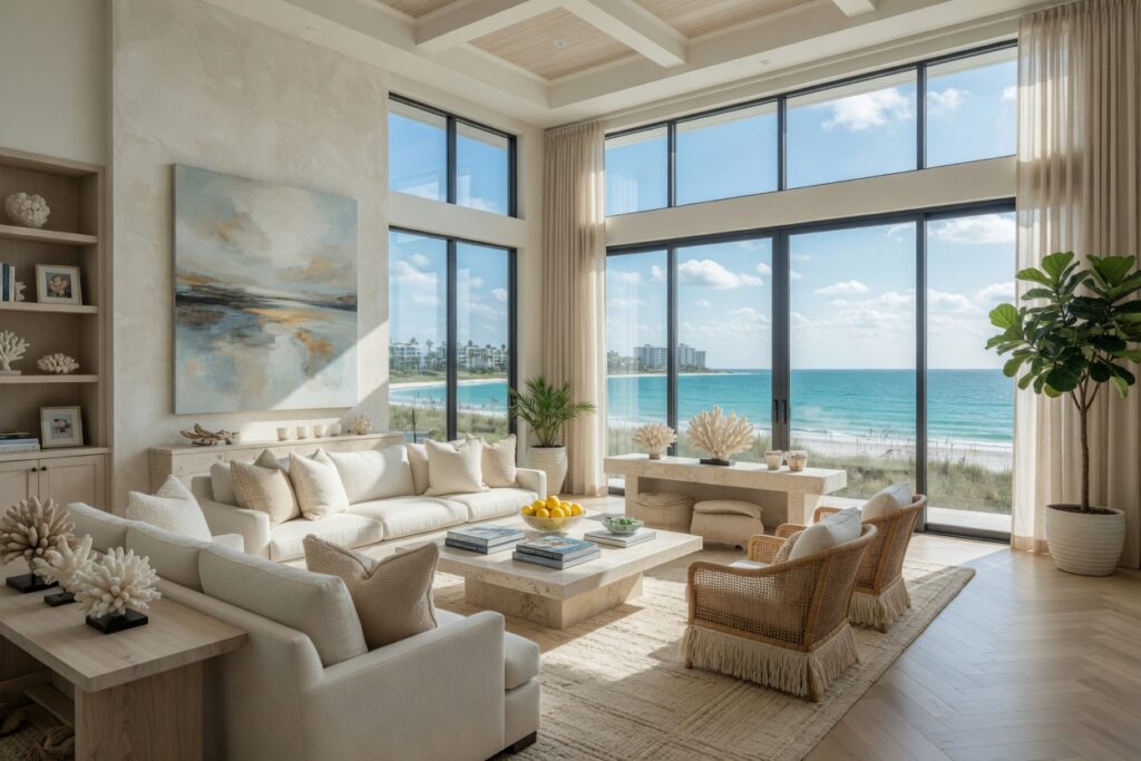 Ultra-realistic 8K rendering of a luxurious coastal living room in Naples Florida with floor-to-ceiling windows overlooking the Gulf of Mexico, light neutral furnishings, and natural textures, bright daytime lighting, architectural photography style