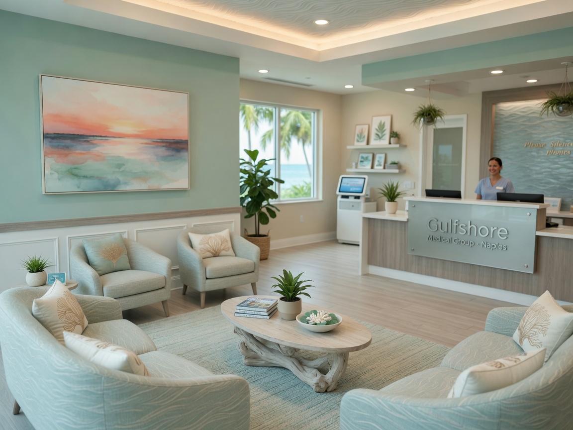 Realistic 8K rendering of a commercial interior design project in Naples FL - modern medical office waiting room with calming coastal color scheme and comfortable seating