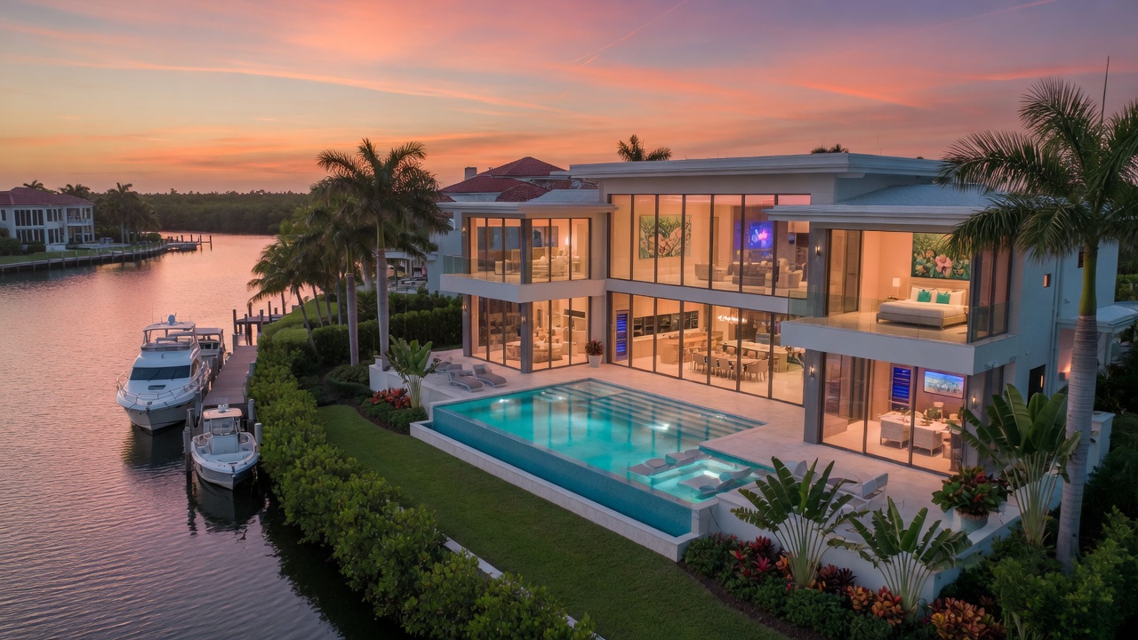 Ultra-realistic 8K aerial perspective of a complete Southwest Florida waterfront estate showing interior layout visible through glass walls, pool, and tropical landscaping at sunset