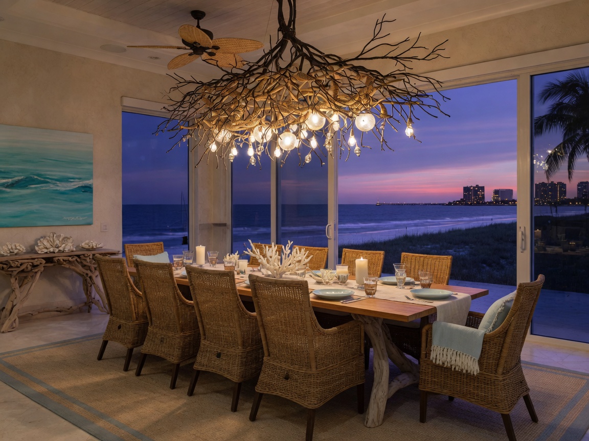 Stunning 8K coastal dining room interior in Naples Florida featuring large dining table, rattan dining chairs, sculptural light fixture, and ocean view at twilight