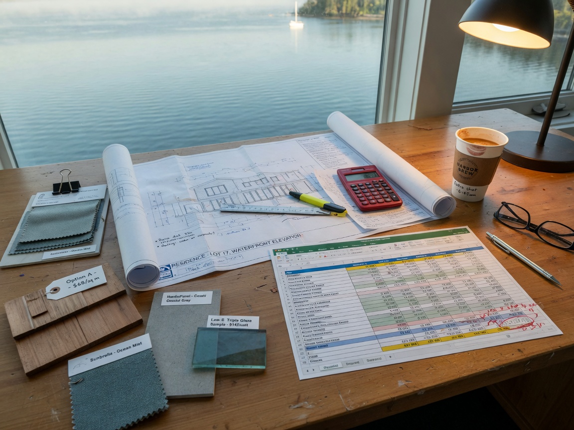 Ultra-realistic 8K budget planning concept image with architectural blueprints, material samples, cost spreadsheets, and coffee cup on wooden desk overlooking water
