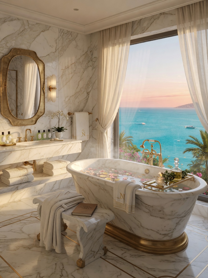 Detailed 8K rendering of a luxurious Naples bathroom spa featuring freestanding soaking tub, marble surfaces, natural light, ocean view, and elegant accessories