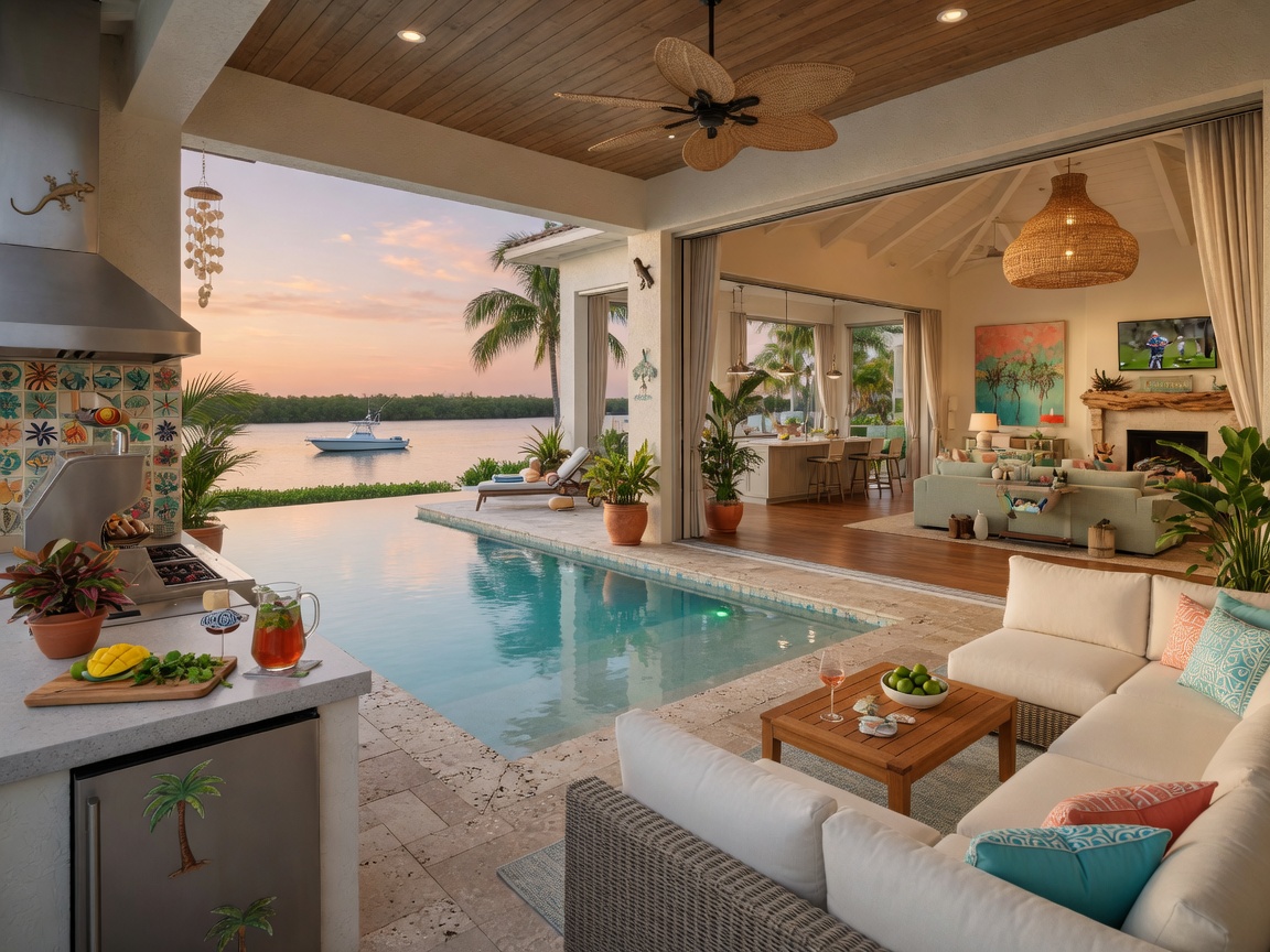 Ultra-realistic 8K image of outdoor living space seamlessly connected to interior great room in a Southwest Florida home, featuring outdoor kitchen, comfortable seating, and infinity pool
