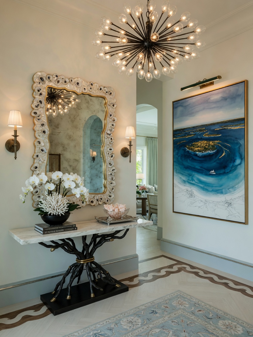 Professional 8K photograph of a completed high-end interior design Naples FL project showing sophisticated foyer with custom console table, mirror, lighting, and coastal artwork