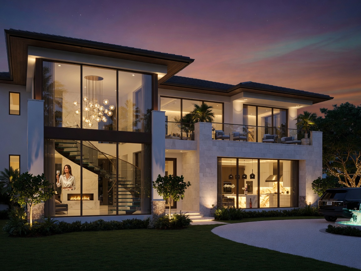 Ultra-detailed 8K cinematic image of a Naples Florida luxury home exterior at dusk with dramatic interior lighting visible through large windows, showcasing the perfect blend of architecture and interior design