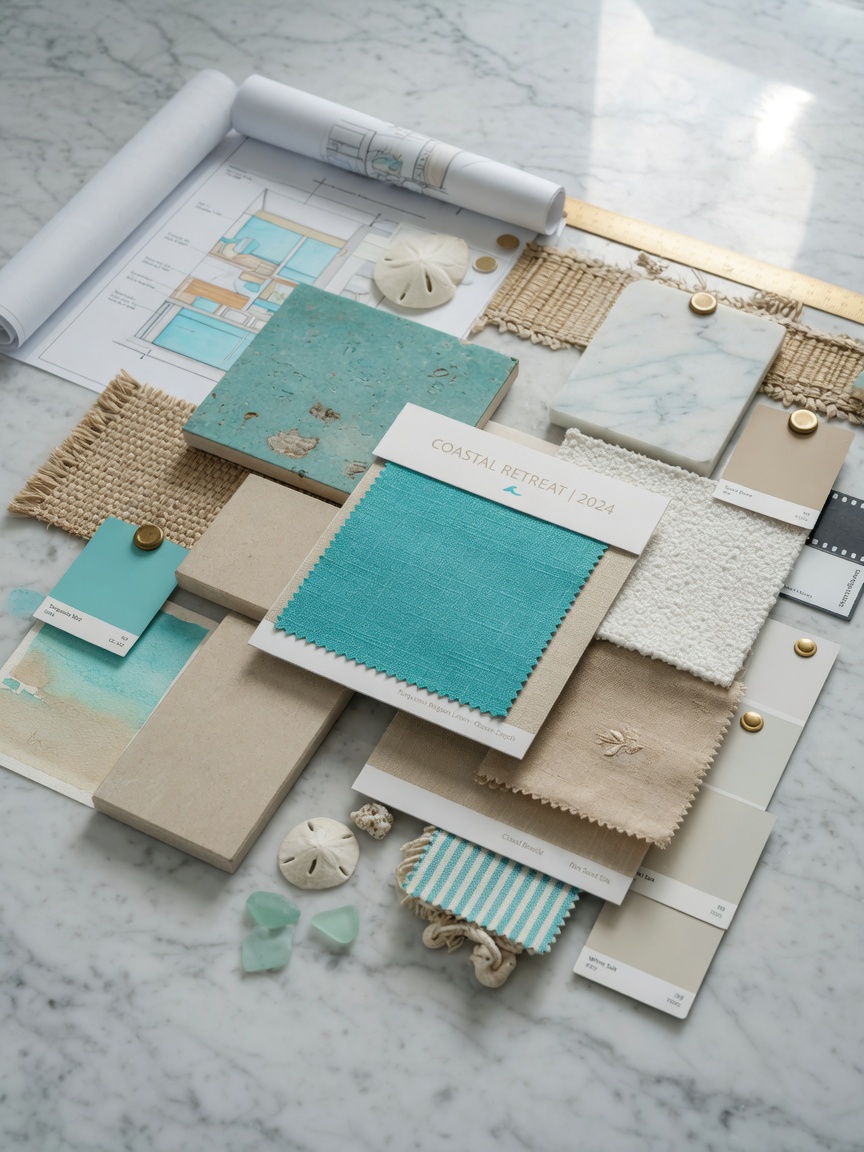 Professional 8K interior design mood board featuring coastal color palette with turquoise, sand, and soft white tones, various material samples, fabric swatches arranged on marble surface, studio lighting